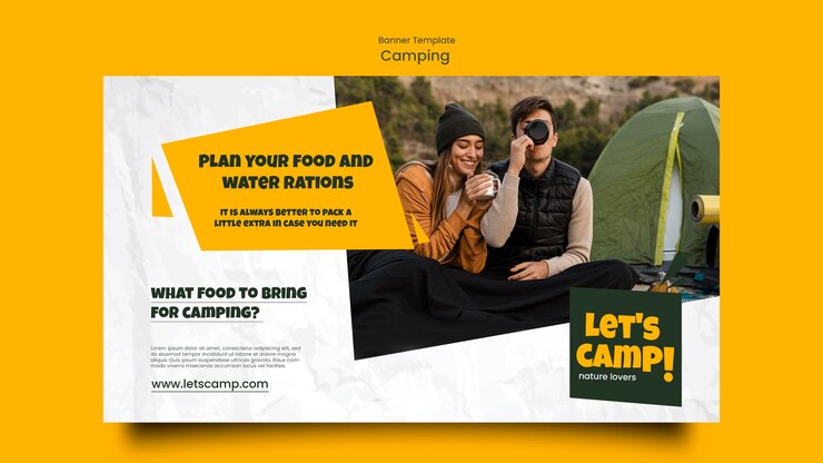 PSD gratuito modello di banner orizzontale da campeggio con effetto carta stropicciata