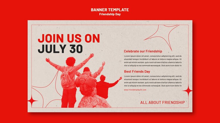 PSD gratuito modello di banner orizzontale del giorno dell'amicizia con tonalità rossa e design a stelle