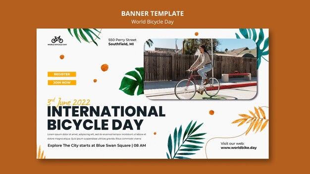 Modello di banner orizzontale della giornata mondiale della bicicletta botanica
