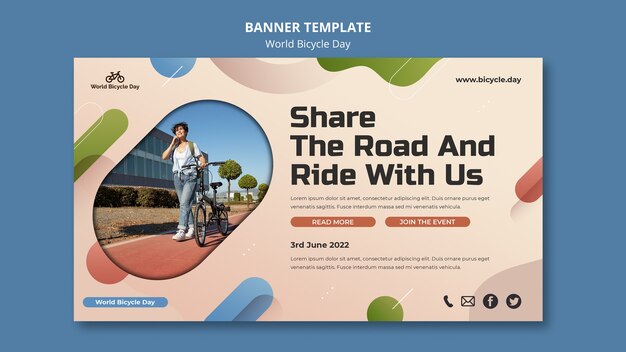 Modello di banner orizzontale della giornata mondiale della bicicletta con persona che usa la bici