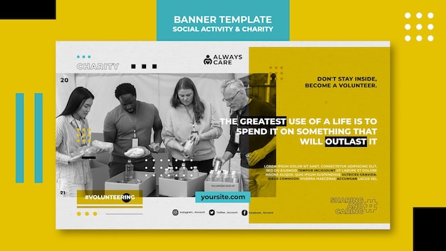 Modello di banner orizzontale di attività sociale e beneficenza