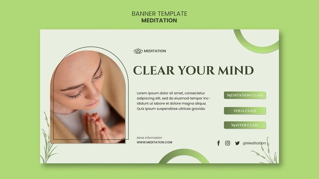 Modello di banner orizzontale di mediazione con donna che fa yoga