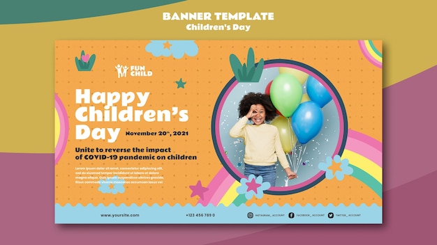 Modello di banner orizzontale divertente e colorato per la giornata dei bambini