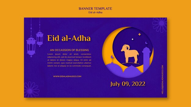 Modello di banner orizzontale Eid al-adha con ariete e luna crescente