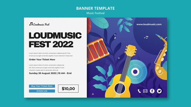 Modello di banner orizzontale festa musicale con strumenti musicali