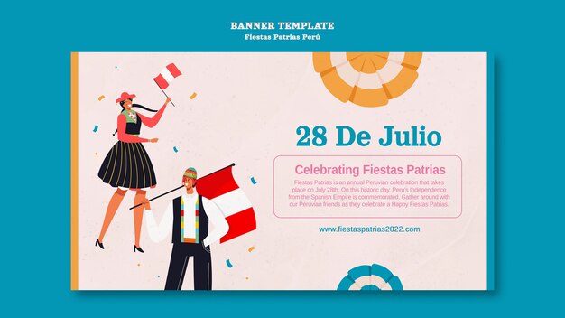 Modello di banner orizzontale Fiestas patrias con persone che ballano e festeggiano