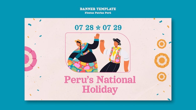 Modello di banner orizzontale Fiestas patrias con persone che ballano e festeggiano