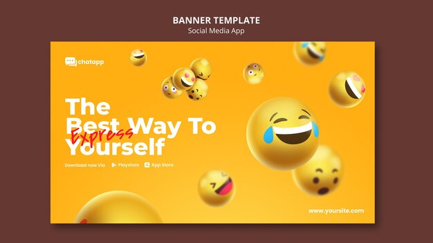 Modello di banner orizzontale per app di chat sui social media con emoji