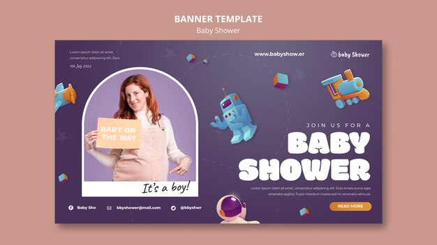 Modello di banner orizzontale per baby shower con giocattoli 3d