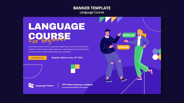Modello di banner orizzontale per corsi di lingua con persone e forme geometriche
