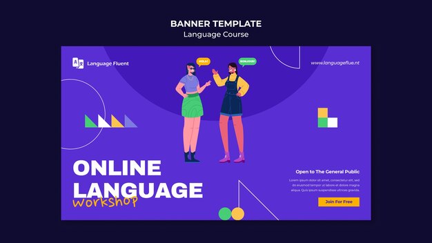 Modello di banner orizzontale per corsi di lingua con persone e forme geometriche