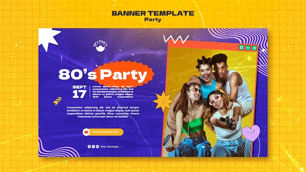 Modello di banner orizzontale per feste anni '80