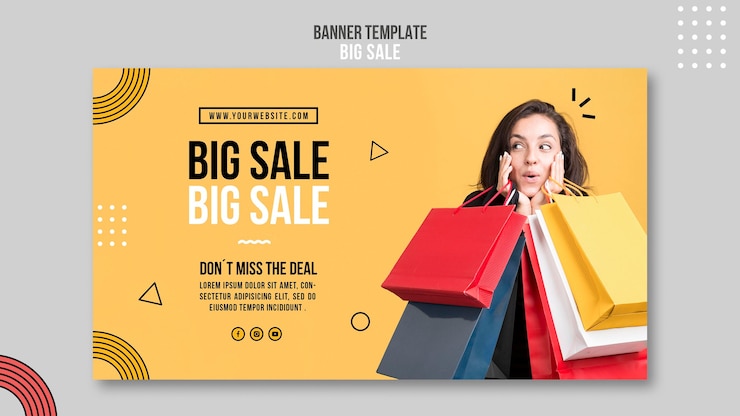 PSD gratuito modello di banner orizzontale per grande vendita con donna e borse della spesa