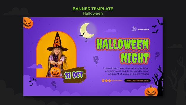 Modello di banner orizzontale per halloween con bambino in costume