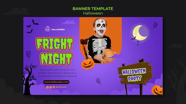Modello di banner orizzontale per halloween con bambino in costume