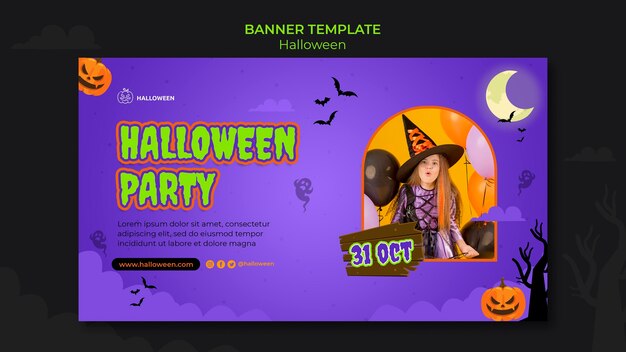 Modello di banner orizzontale per halloween con bambino in costume