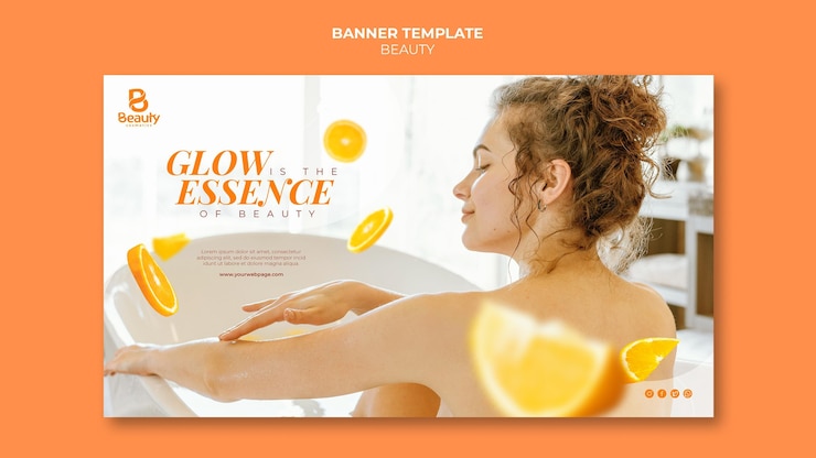 PSD gratuito modello di banner orizzontale per la cura della pelle della spa domestica con fette di donna e arancia