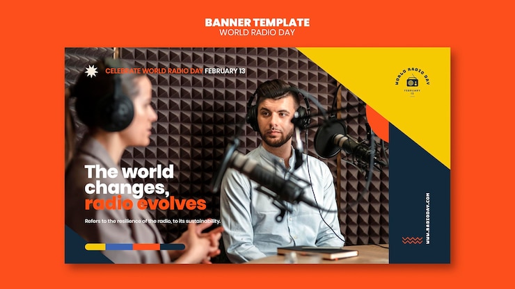 PSD gratuito modello di banner orizzontale per la giornata mondiale della radio con emittente e microfono