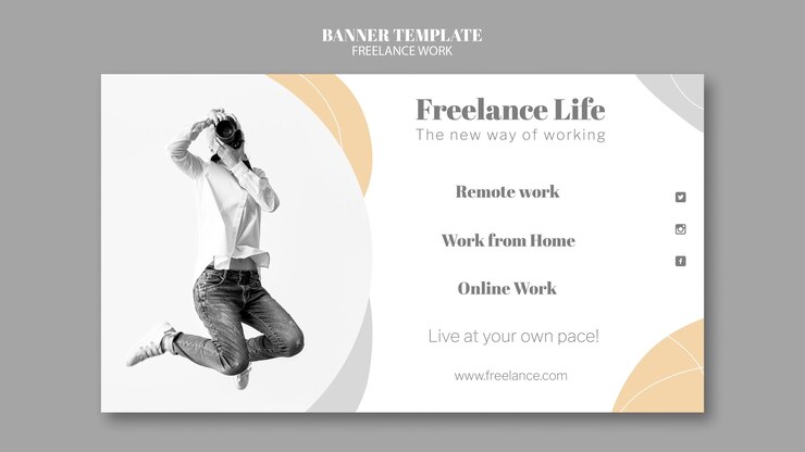 PSD gratuito modello di banner orizzontale per lavoro freelance con fotografo femminile