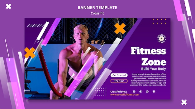 Modello di banner orizzontale per lezioni di esercizio fisico con forme geometriche