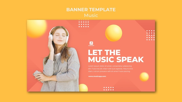 Modello di banner orizzontale per lo streaming di musica online con una donna che indossa le cuffie