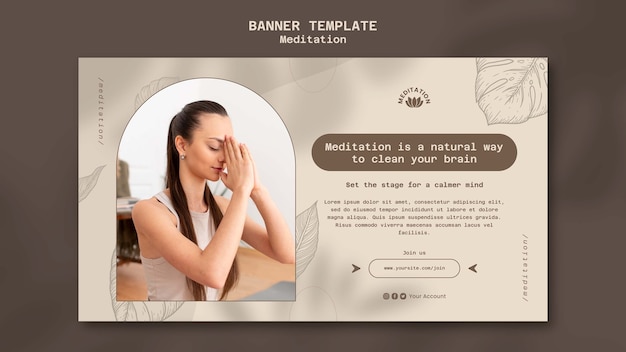 Modello di banner orizzontale per meditazione yoga con design a foglie