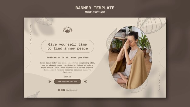 Modello di banner orizzontale per meditazione yoga con design a foglie