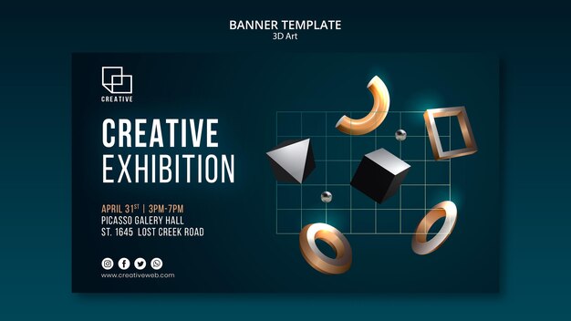 Modello di banner orizzontale per mostra d'arte con forme tridimensionali creative