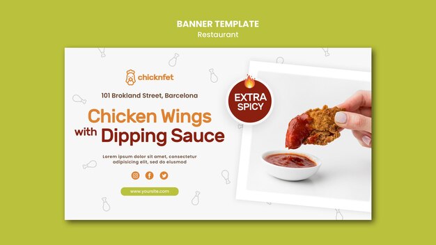 Modello di banner orizzontale per ristorante piatto di pollo fritto