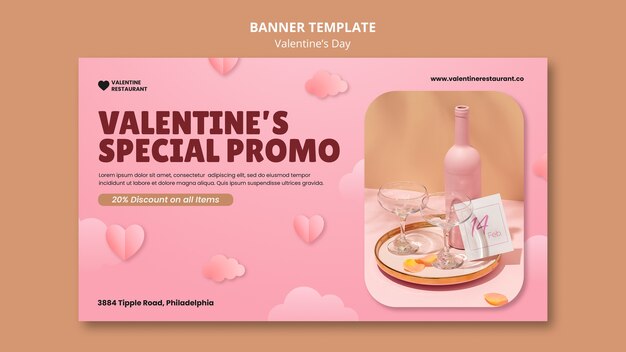 Modello di banner orizzontale per San Valentino con bevande