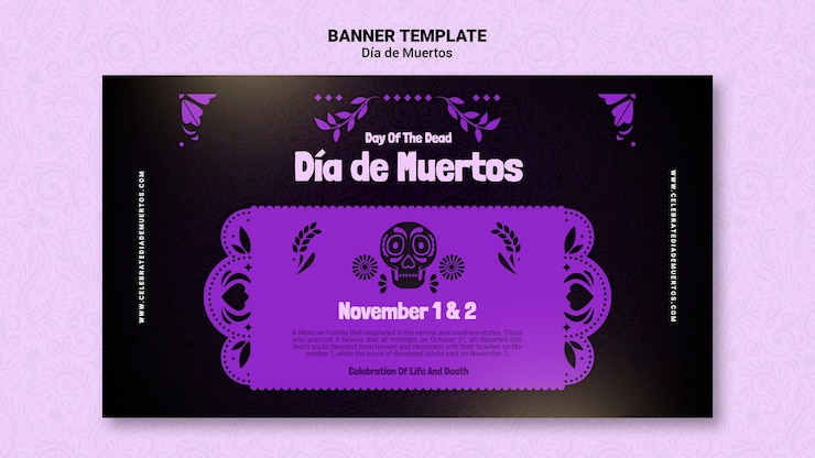 PSD gratuito modello di banner orizzontale viola dia de muertos