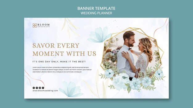 Modello di banner orizzontale wedding planner con disegno floreale ad acquerello