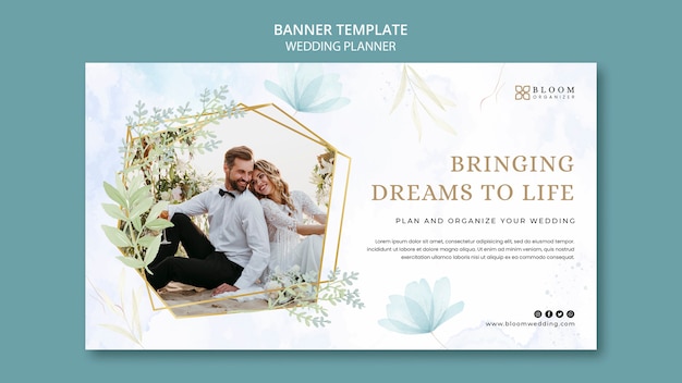 Modello di banner orizzontale wedding planner con disegno floreale ad acquerello