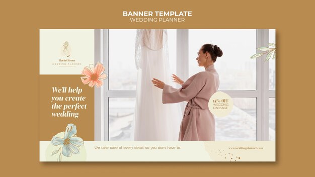 Modello di banner orizzontale wedding planner con disegno floreale ad acquerello