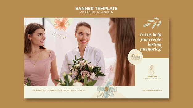 Modello di banner orizzontale wedding planner con disegno floreale ad acquerello