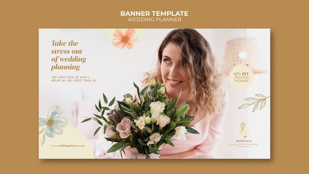 Modello di banner orizzontale wedding planner con disegno floreale ad acquerello
