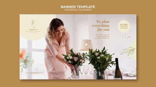 Modello di banner orizzontale wedding planner con disegno floreale ad acquerello