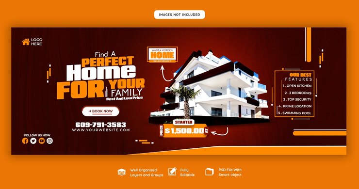 PSD gratuito modello di banner per copertina facebook di proprietà immobiliare