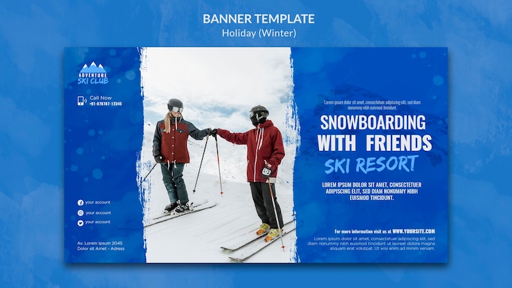 PSD gratuito modello di banner per le vacanze sciistiche invernali