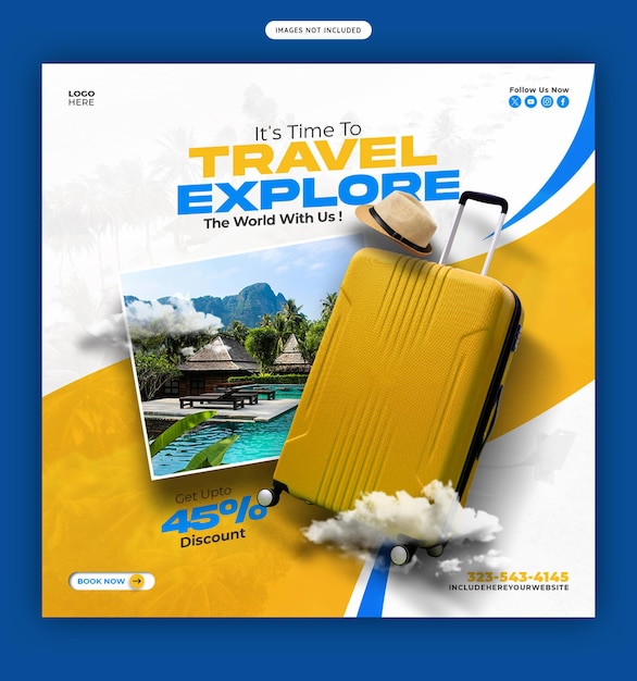 Modello di banner per post Instagram o social media relativi ai viaggi e al turismo