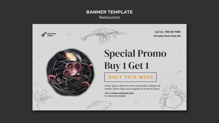 PSD gratuito modello di banner per ristorante di pesce con cozze e tagliatelle