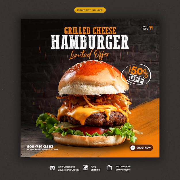 Modello di banner per social media con menu delizioso di hamburger e cibo