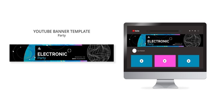 PSD gratuito modello di banner per youtube festa elettronica ad acquerello