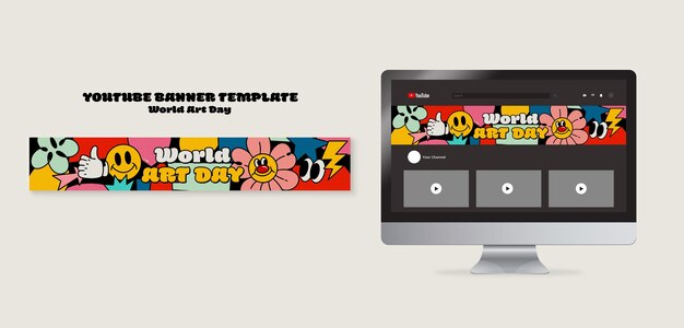 Modello di banner youtube floreale per la giornata mondiale dell'arte