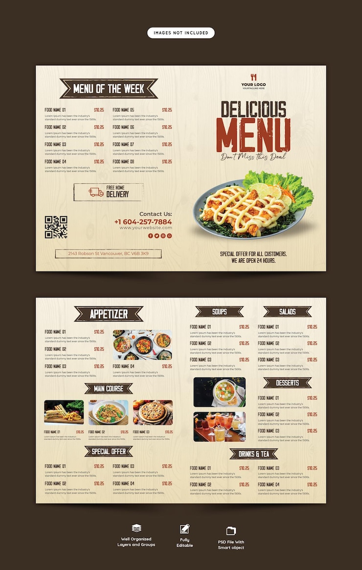 PSD gratuito modello di brochure pieghevole per menu di cibo e ristorante