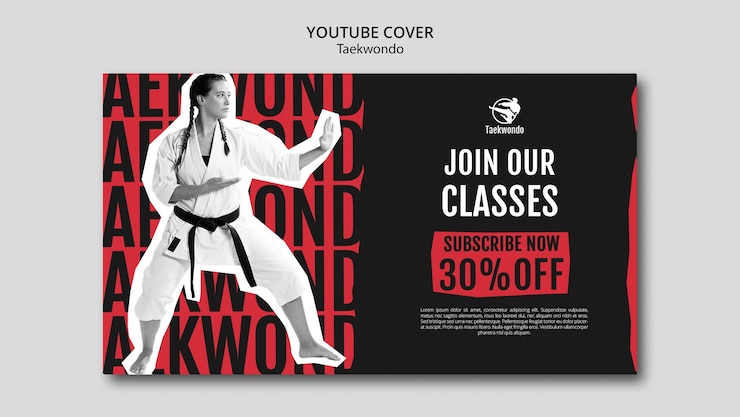 PSD gratuito modello di copertina di youtube per la pratica del taekwondo