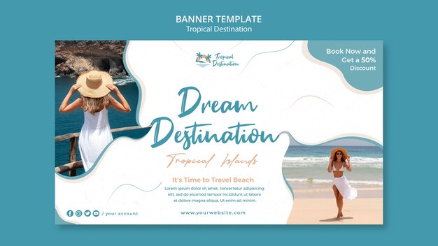 Modello di design piatto banner destinazione tropicale