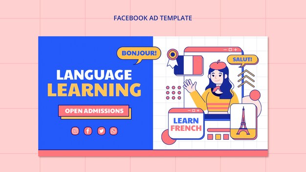 Modello di facebook per l'apprendimento delle lingue dal design piatto