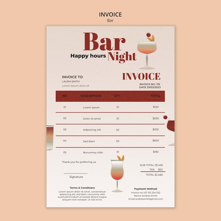 PSD gratuito modello di fattura bar e lounge disegnato a mano