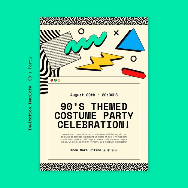 Modello di invito a una festa anni '90 disegnato a mano